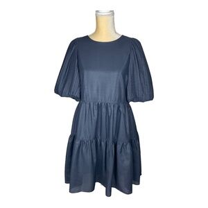 Moodie Tiered Dress Gray Blue Balloon Sleeves‎ Size Small